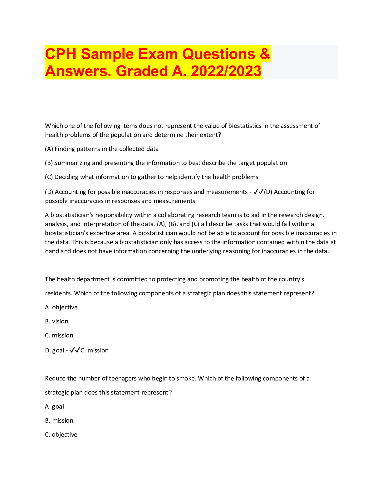 CPH Sample Exam Questions & Answers. Graded A. 2022/2023 Browsegrades